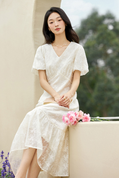 French V-Neck Cutout 3D Embroidered Puff Sleeve Maxi Dress