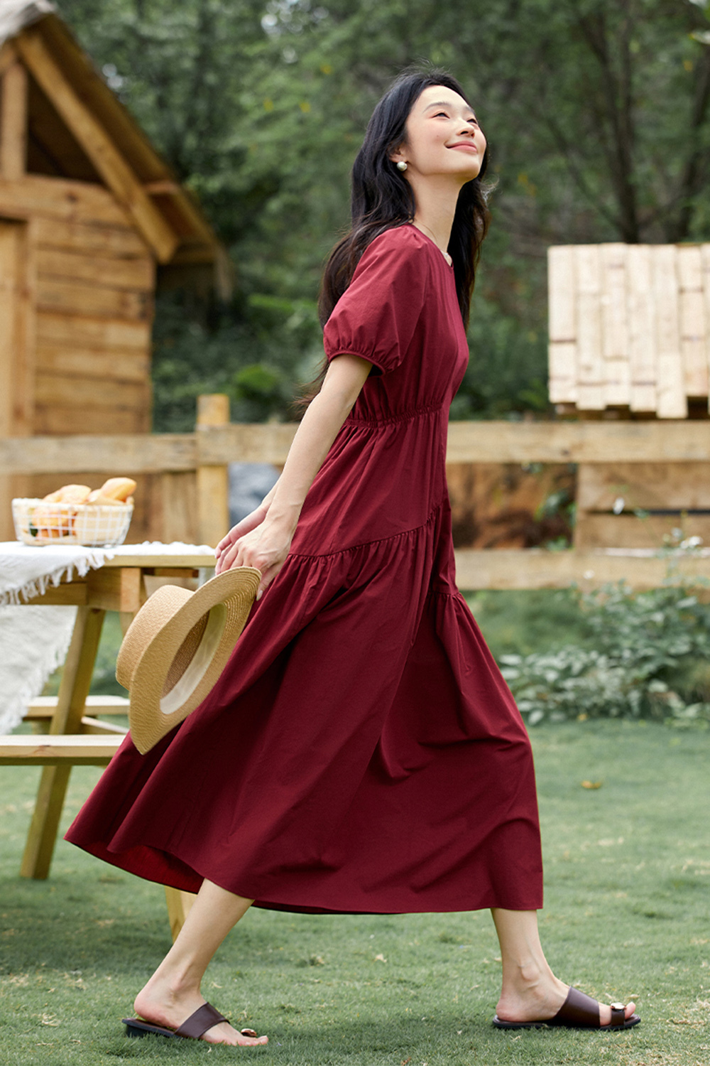 French Retro Asymmetrical Shirred Puff Sleeve Maxi Dress