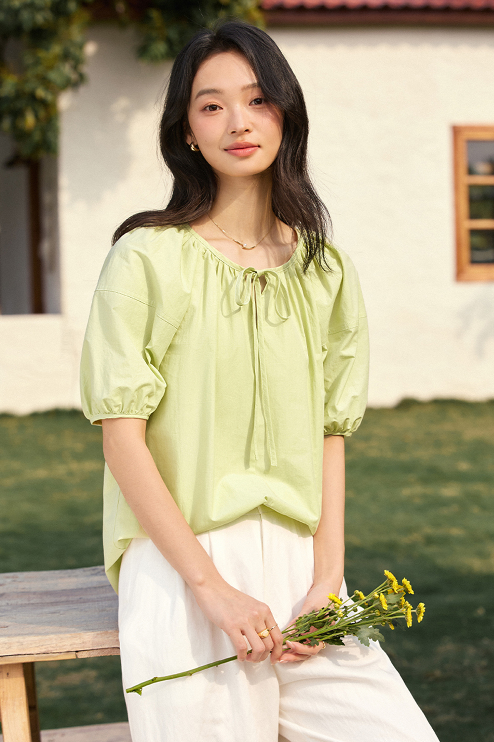 Casual & Stylish Loose Tie-Front Round Neck Puff Sleeve Blouse-VIMLYSTORE