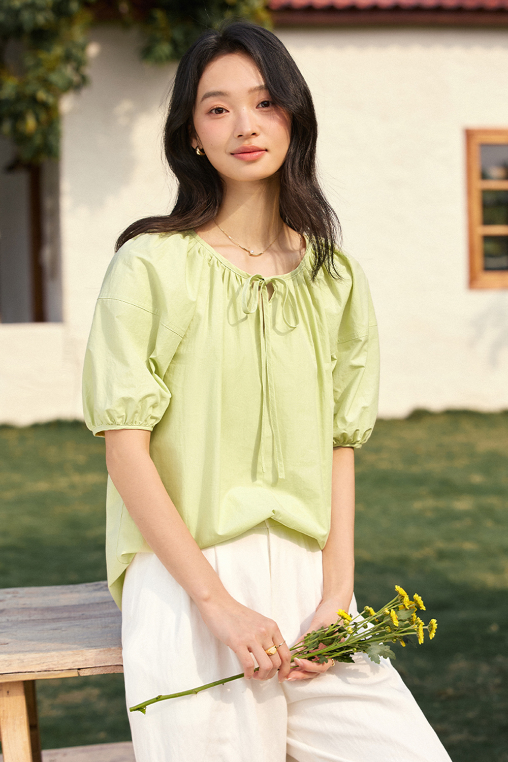 Casual & Stylish Loose Tie-Front Round Neck Puff Sleeve Blouse-VIMLYSTORE