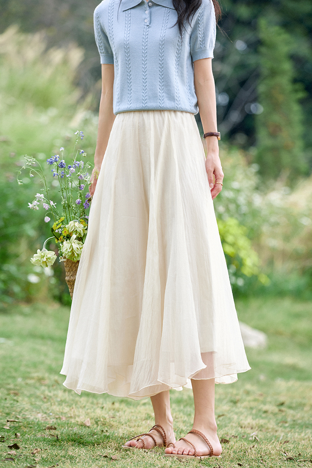 Elegant and Gentle High-Waist A-Line Flowy Maxi Dress with Draping-VIMLYSTORE