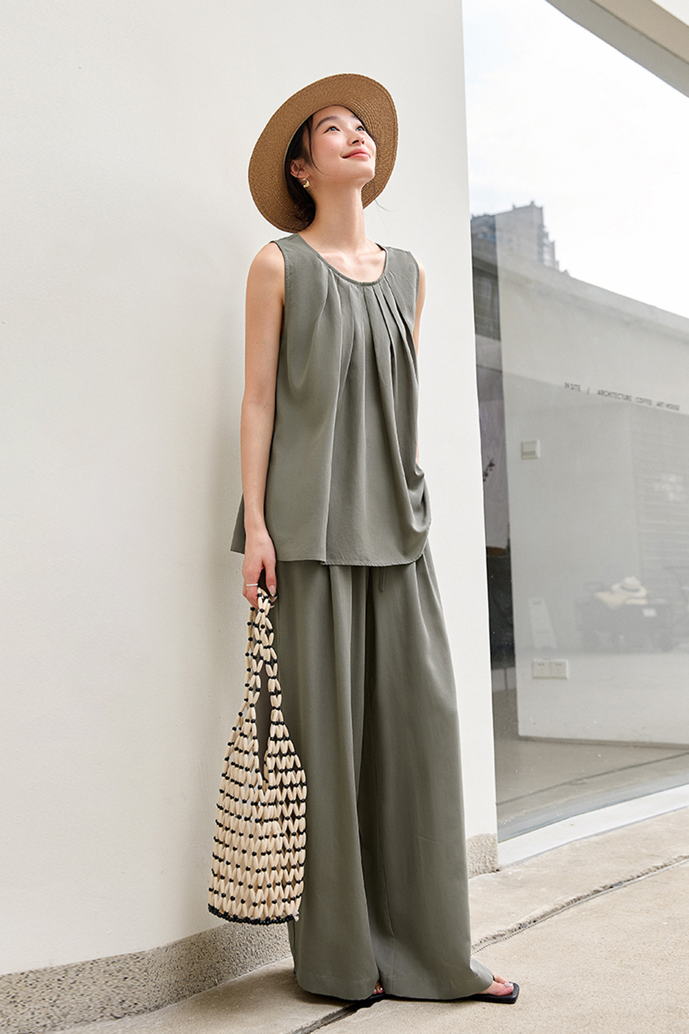 Trendy Casual Sleeveless Halter Top with High-Waist Wide-Leg Pants Set-VIMLYSTORE