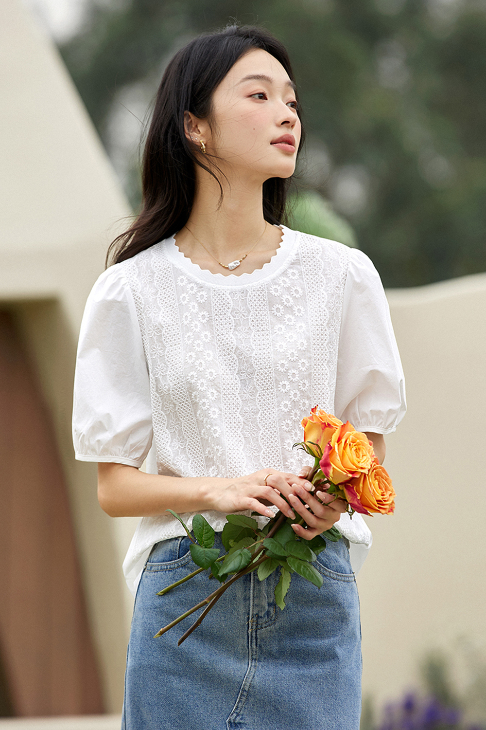 Casual Embroidered Puff-sleeve Cotton Top