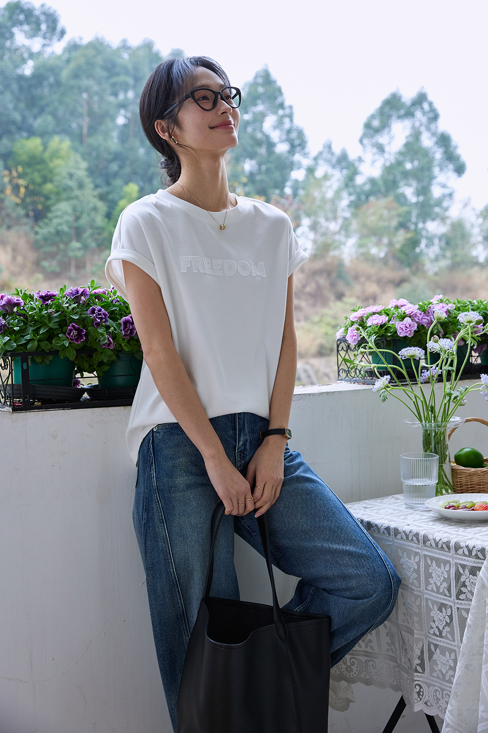 Embroidered Letter Short Flutter Sleeve Loose Versatile Round Neck Top-VIMLYSTORE