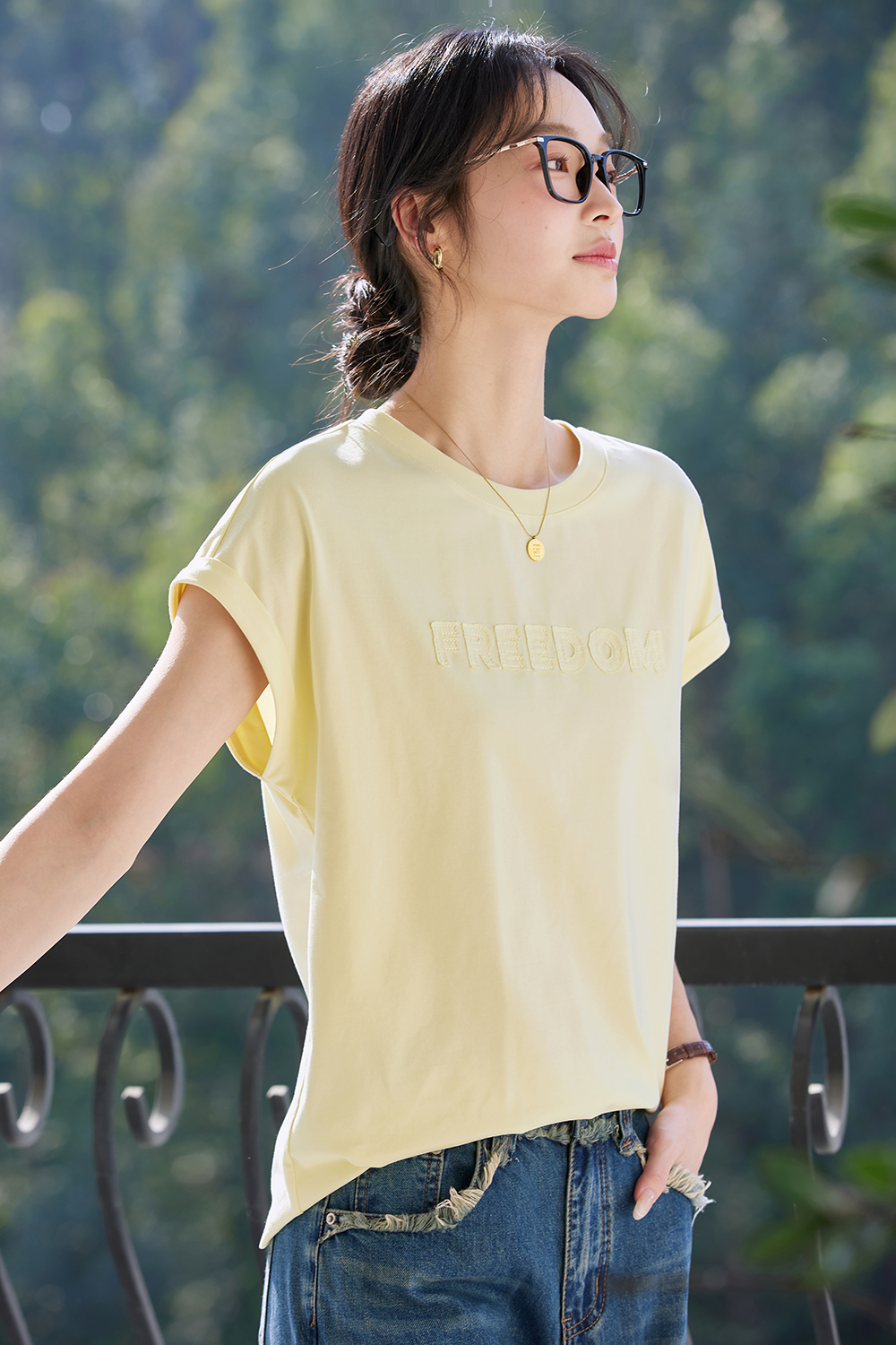 Embroidered Letter Short Flutter Sleeve Loose Versatile Round Neck Top-VIMLYSTORE