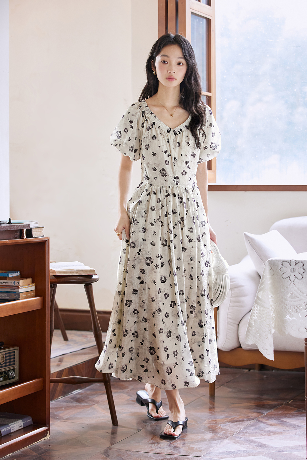 French Floral Soft V-Neck Puff Sleeve Slimming Maxi Dress