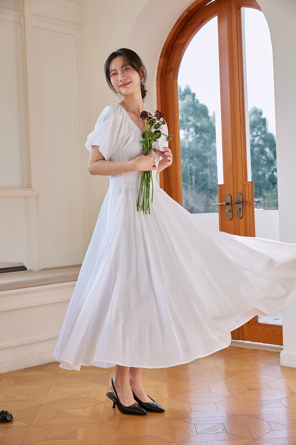 French Floral Soft V-Neck Puff Sleeve Slimming Maxi Dress