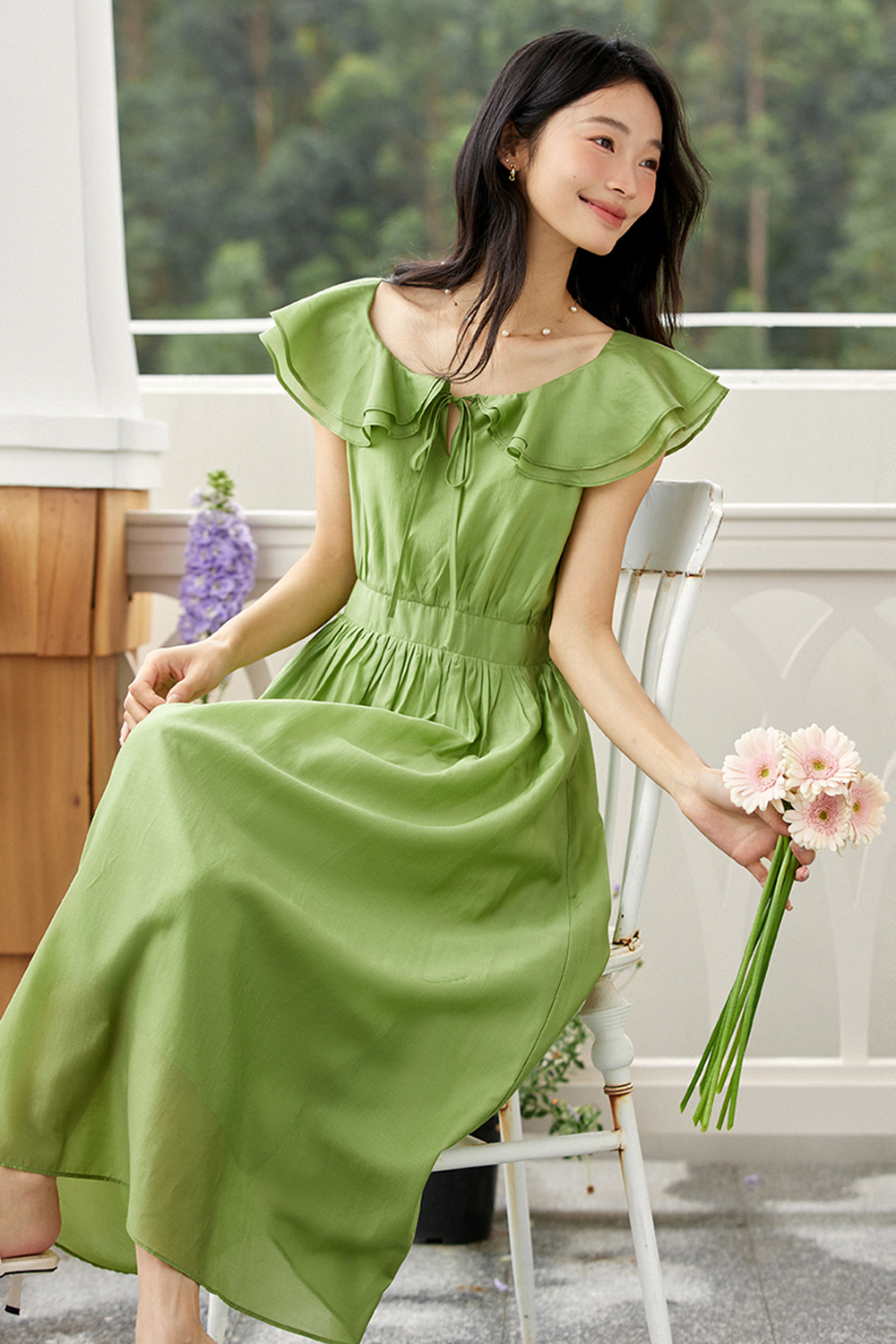 Sweet U-neck Ruffled Waist-defining Slim Dress-VIMLYSTORE