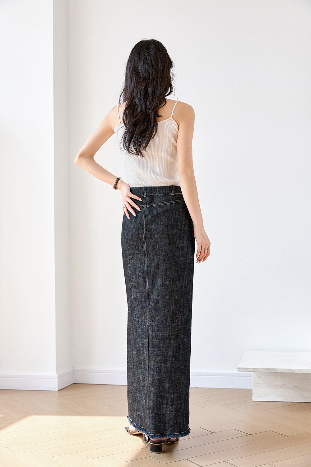 Black Grey Retro Denim High Waist Straight Pencil A-Line Midi Skirt