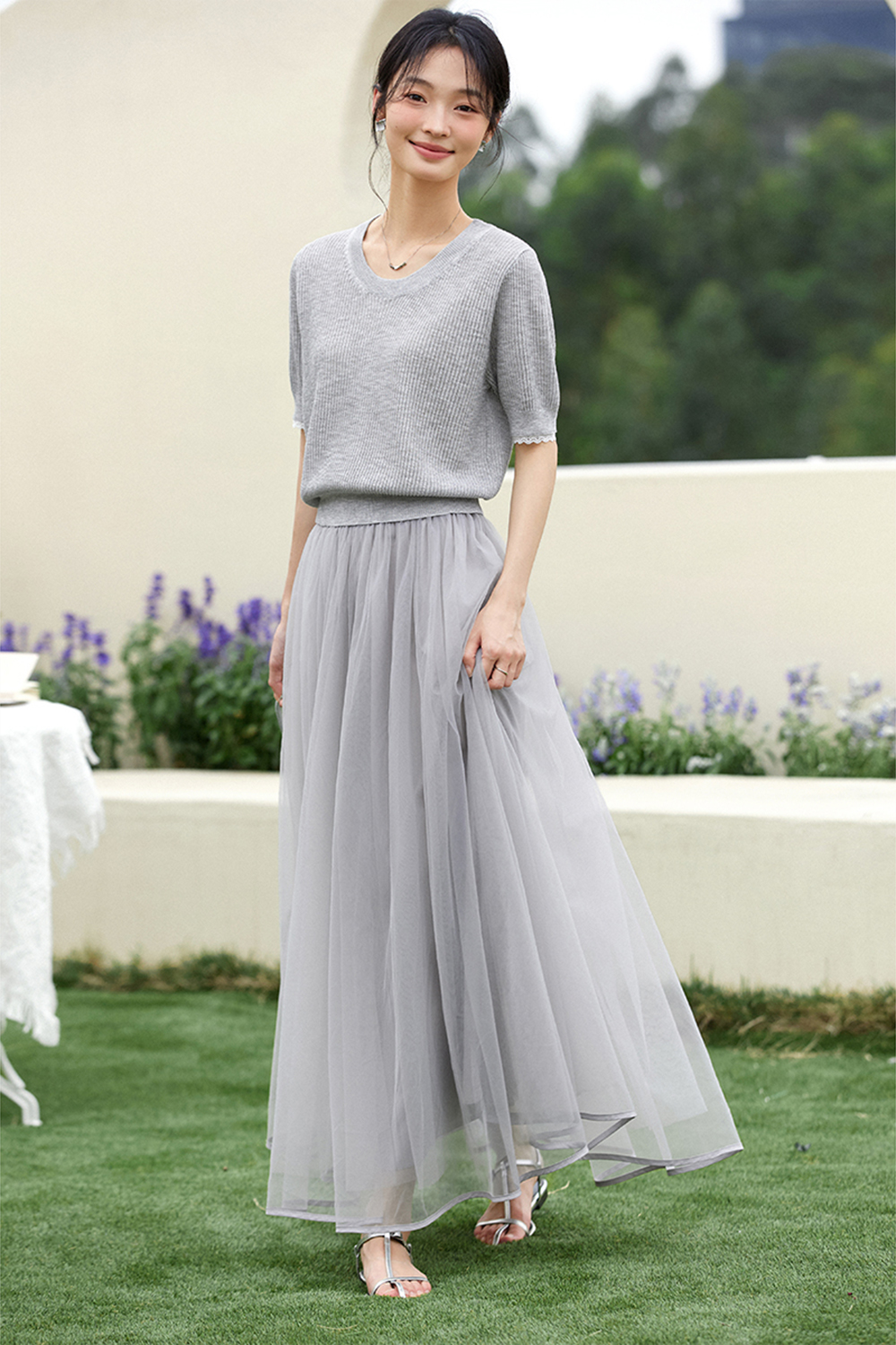 Lace Splicing Top and Mesh dress Gentle Suit-VIMLYSTORE