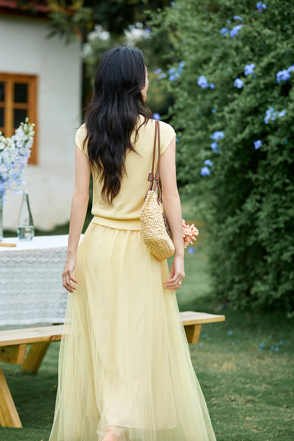 French-Inspired Lyocell Knit Top with Sheer Mesh Skirt Set-VIMLYSTORE