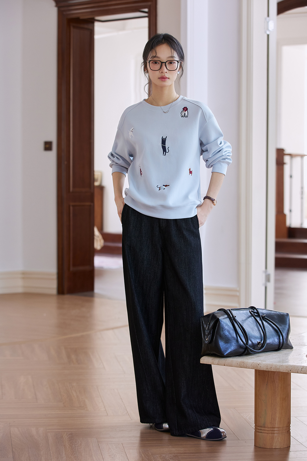Mist Blue Crewneck Sweatshirt with Playful Cat & Dog Embroidery-VIMLYSTORE
