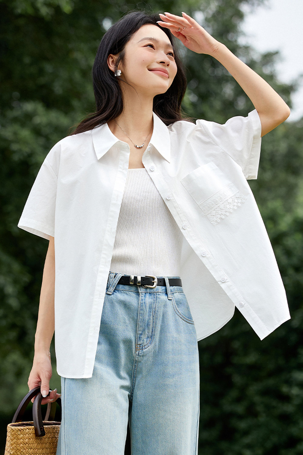 Minimalist White Lace-trimmed Cotton Shirt