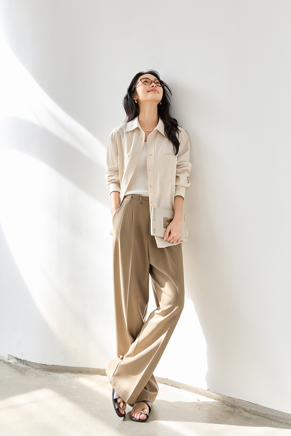 Oatmeal Oversized Shirt with Dual-Button Cuff Detail-VIMLYSTORE