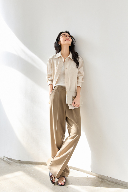 Oatmeal Oversized Shirt with Dual-Button Cuff Detail-VIMLYSTORE