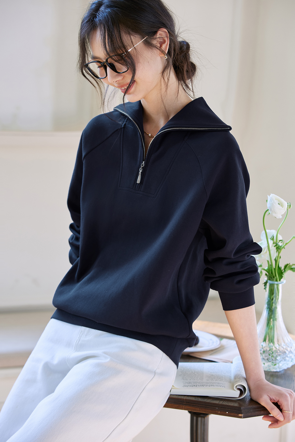 Retro Zip-Collar Pullover Sweatshirt-VIMLYSTORE