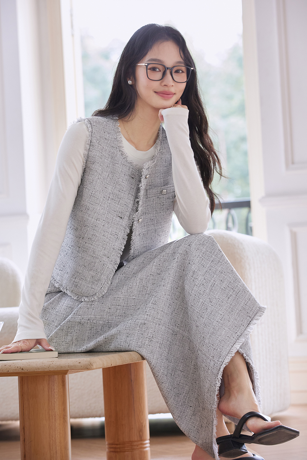 Tweed Vest & Skirt Twin Set in Heather Gray-VIMLYSTORE