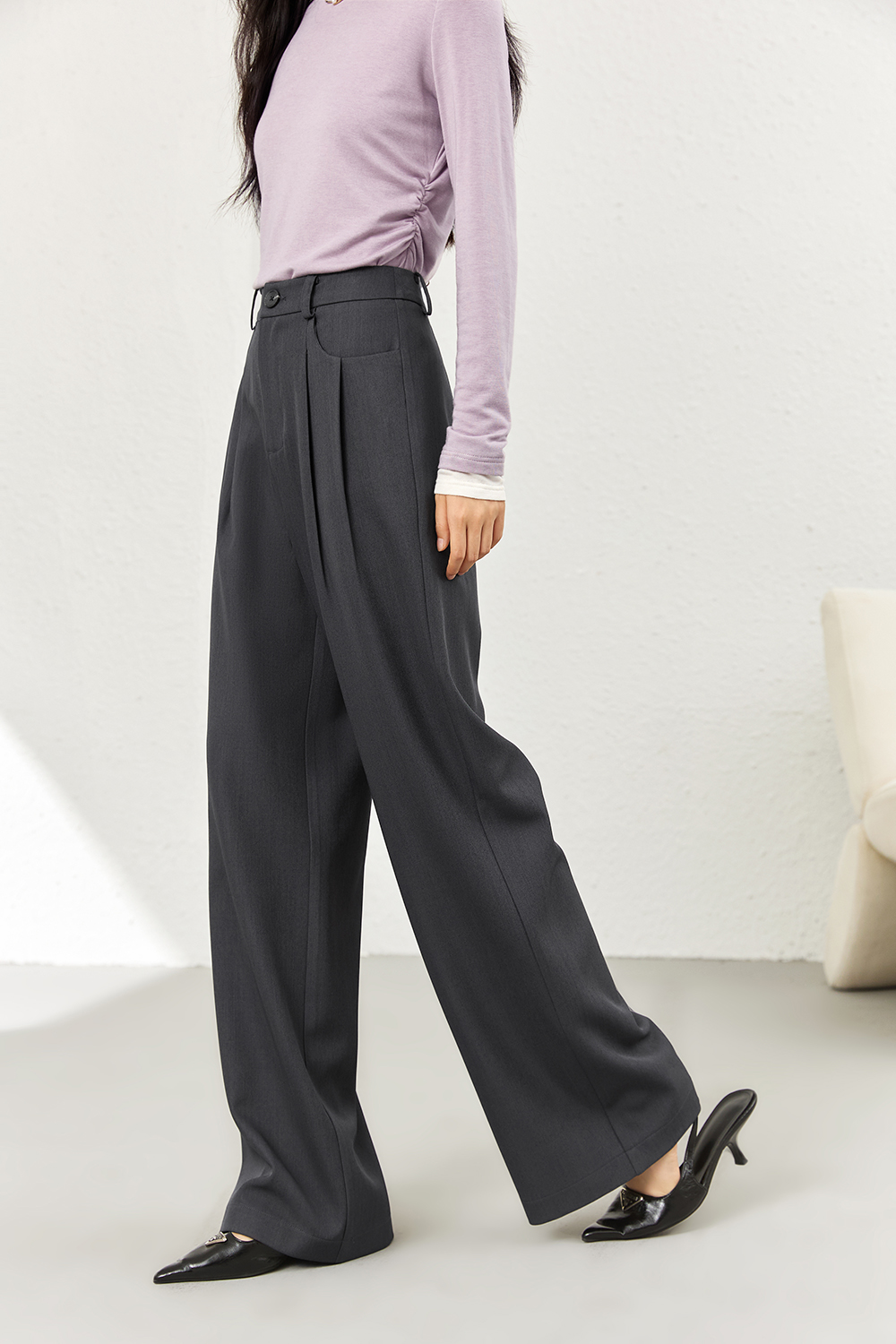 Fluid Gray Wide-Leg Trousers with Tailored Drape-VIMLYSTORE