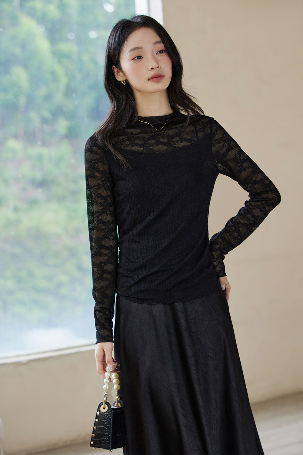 Slim-fit Layering Semi-turtleneck Lace Long Sleeve T-shirt-VIMLYSTORE