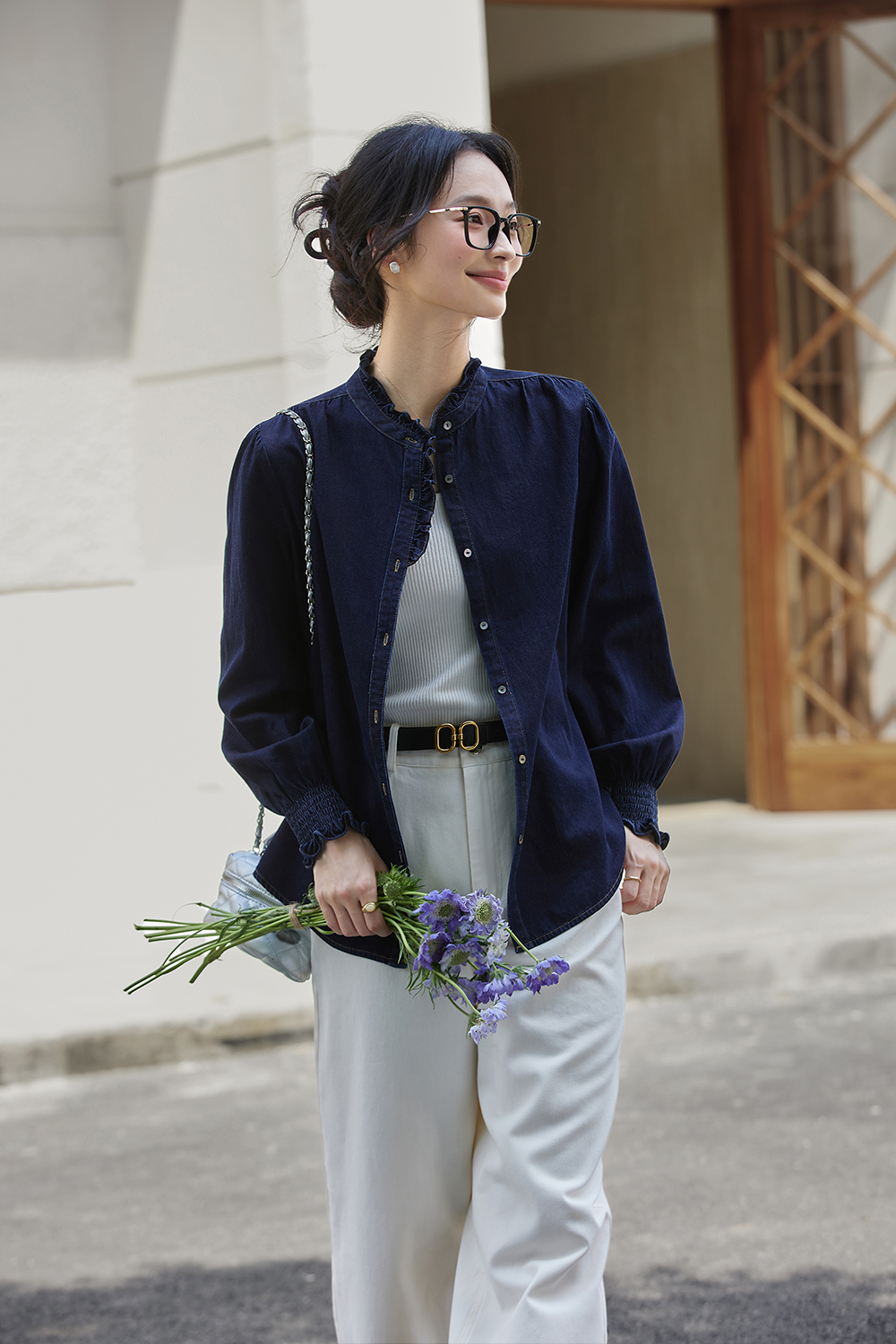 Designer Loose Stand-up Denim Long Sleeve Cotton Shirt-VIMLYSTORE