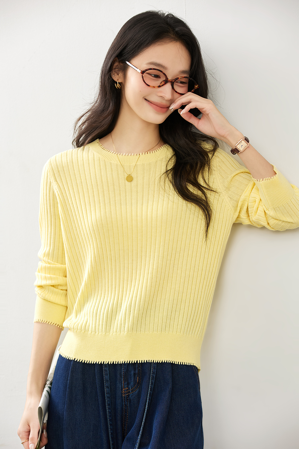 Ribbed Wool Blend Loose Round Neck Knitted Top-VIMLYSTORE