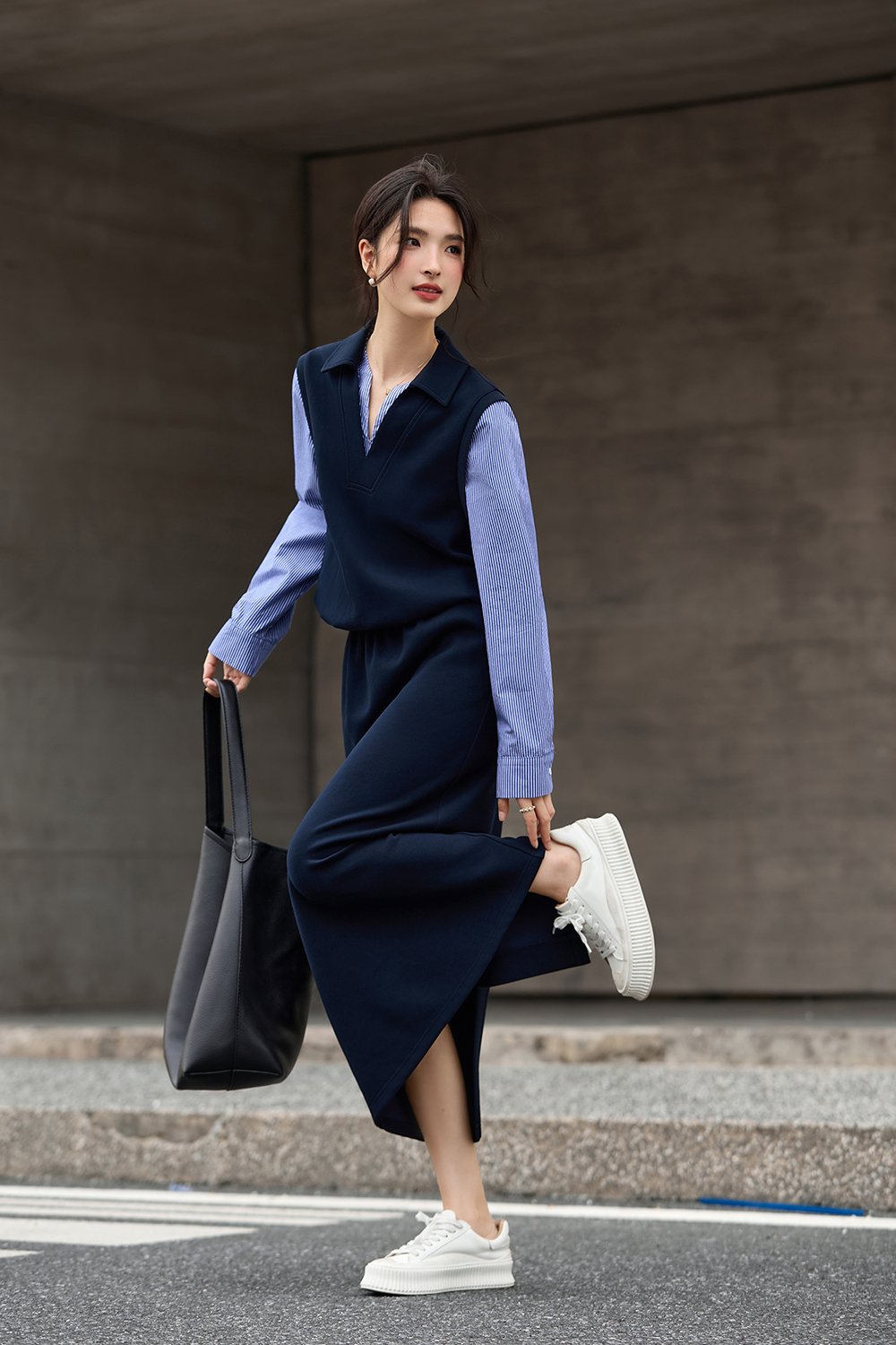 Navy Blue Fake Two-Piece Top with Long Skirt Set-VIMLYSTORE