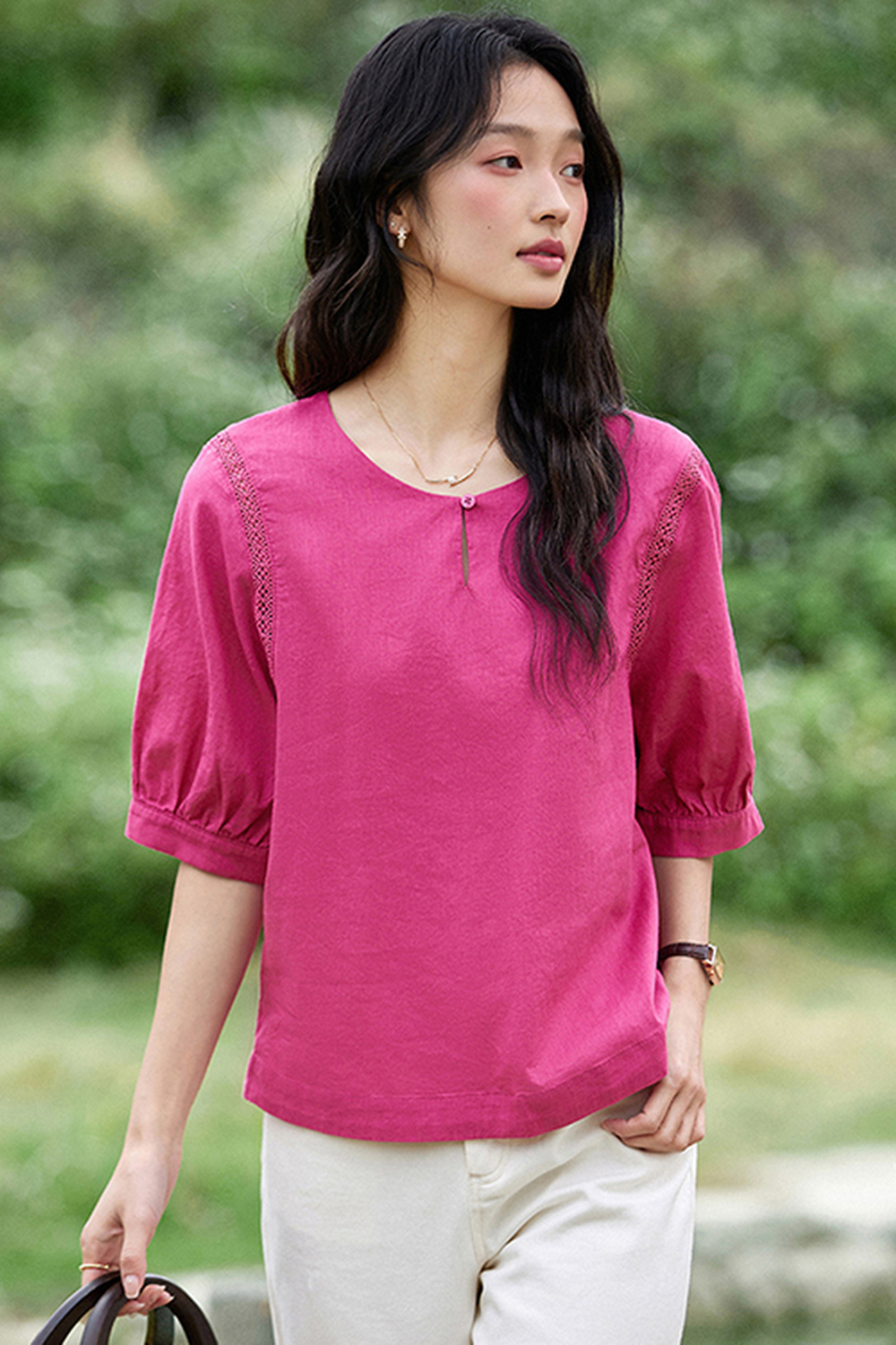 Stylish Raspberry Pink Lace Trim Round-Neck Blouse-VIMLYSTORE