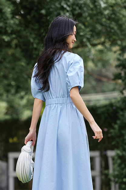French Elegance Cotton Round-Neck Puff Sleeve Midi Dress with Defined Waist