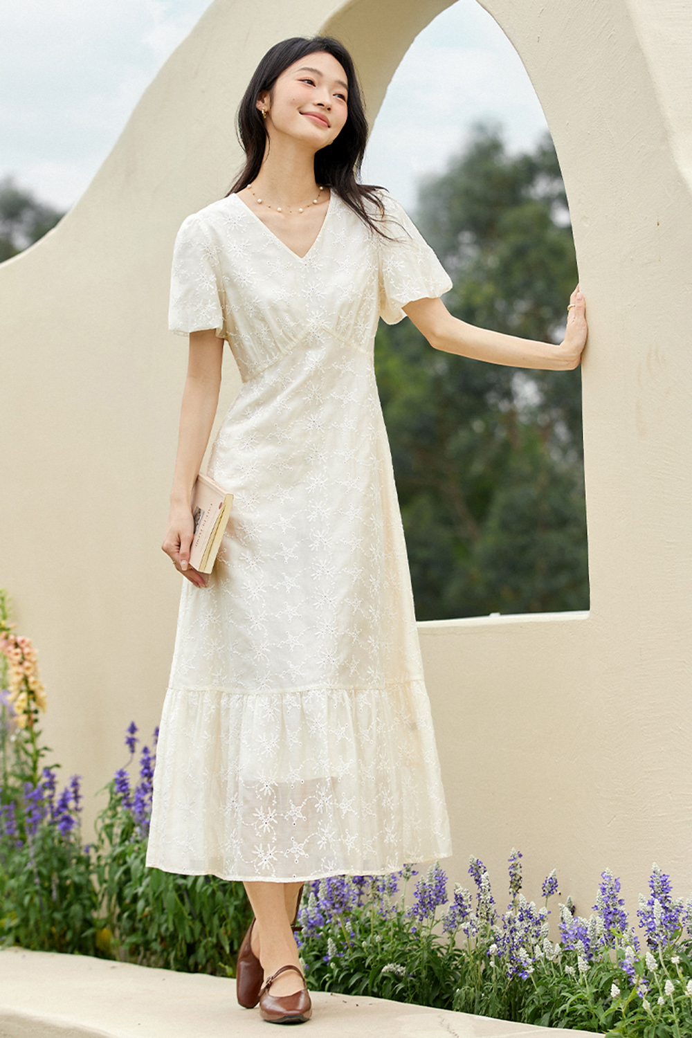 French V-Neck Cutout 3D Embroidered Puff Sleeve Maxi Dress