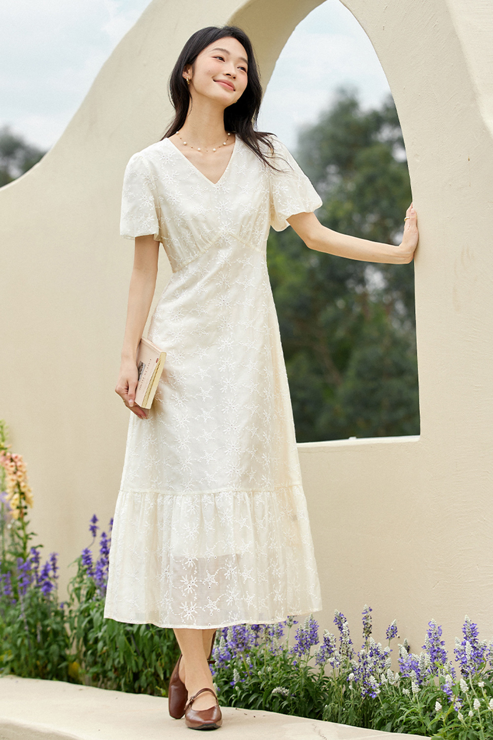 French V-Neck Cutout 3D Embroidered Puff Sleeve Maxi Dress