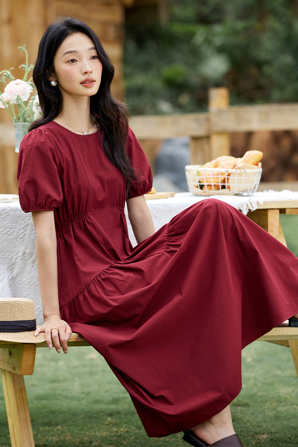 French Retro Asymmetrical Shirred Puff Sleeve Maxi Dress