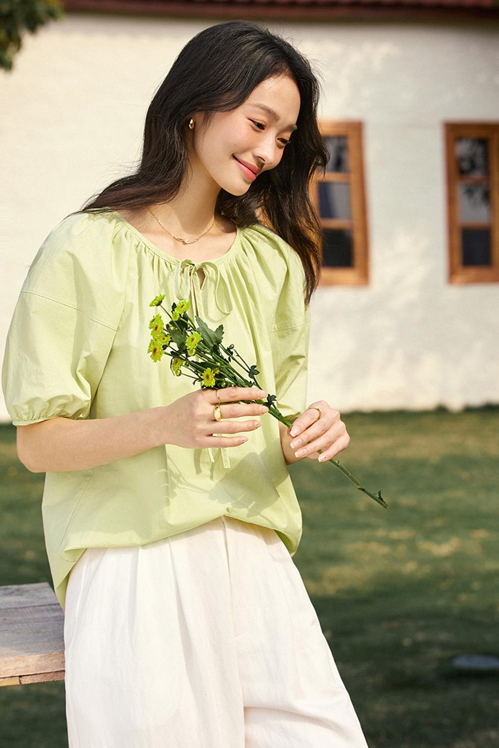 Casual & Stylish Loose Tie-Front Round Neck Puff Sleeve Blouse-VIMLYSTORE