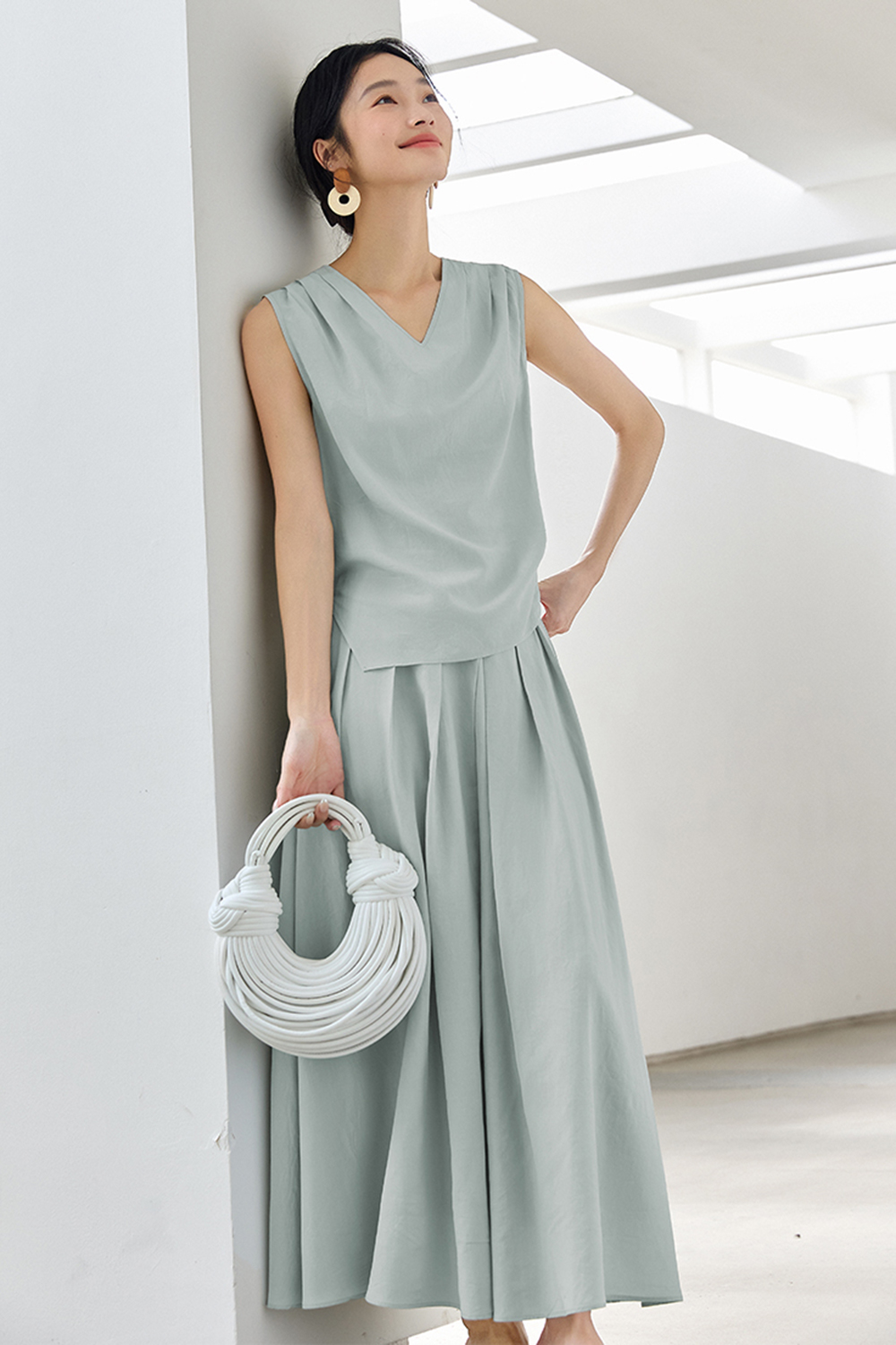 Fashionable & Elegant Sleeveless V-Neck Top with Midi Skirt Set-VIMLYSTORE