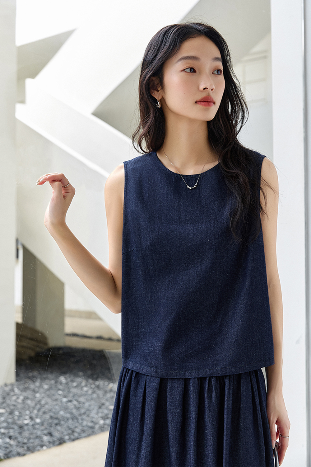 Stylish Casual Sleeveless High-Waist Denim Maxi Skirt Set-VIMLYSTORE