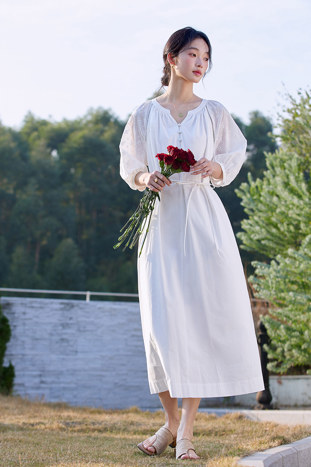 Breathable Floral Embroidery V-Neck Slimming Maxi Dress-VIMLYSTORE