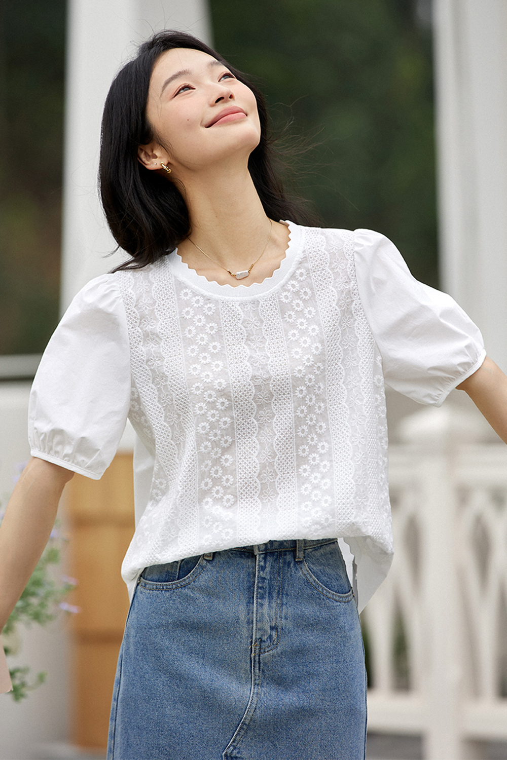 Casual Embroidered Puff-sleeve Cotton Top
