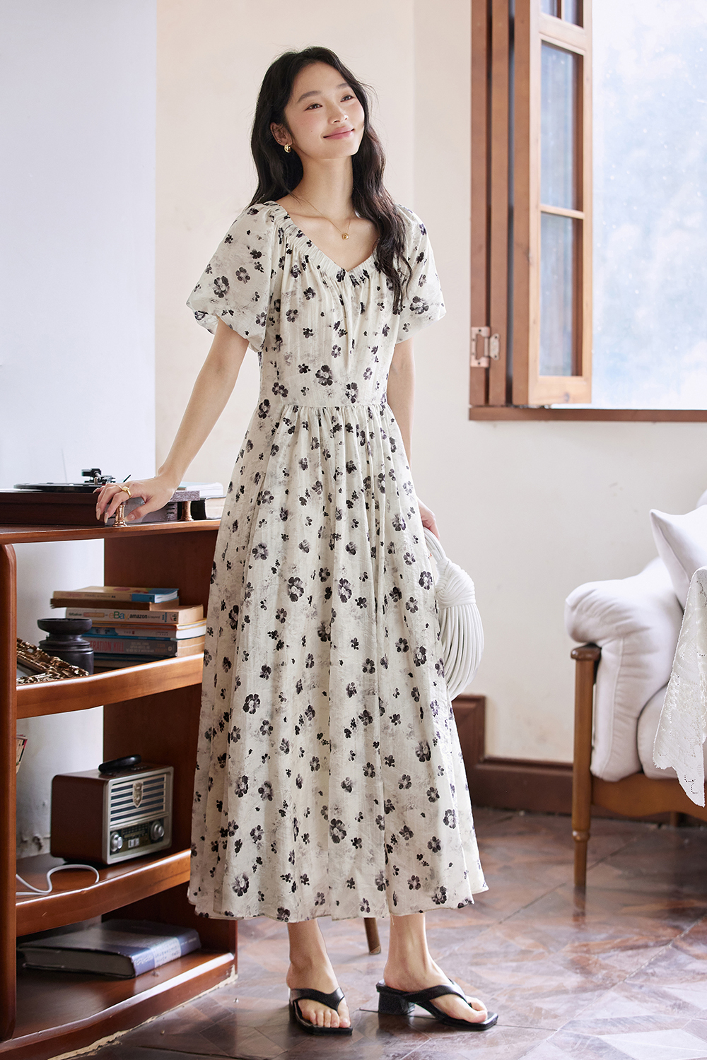 French Floral Soft V-Neck Puff Sleeve Slimming Maxi Dress