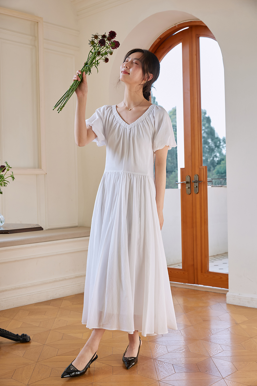 French Floral Soft V-Neck Puff Sleeve Slimming Maxi Dress