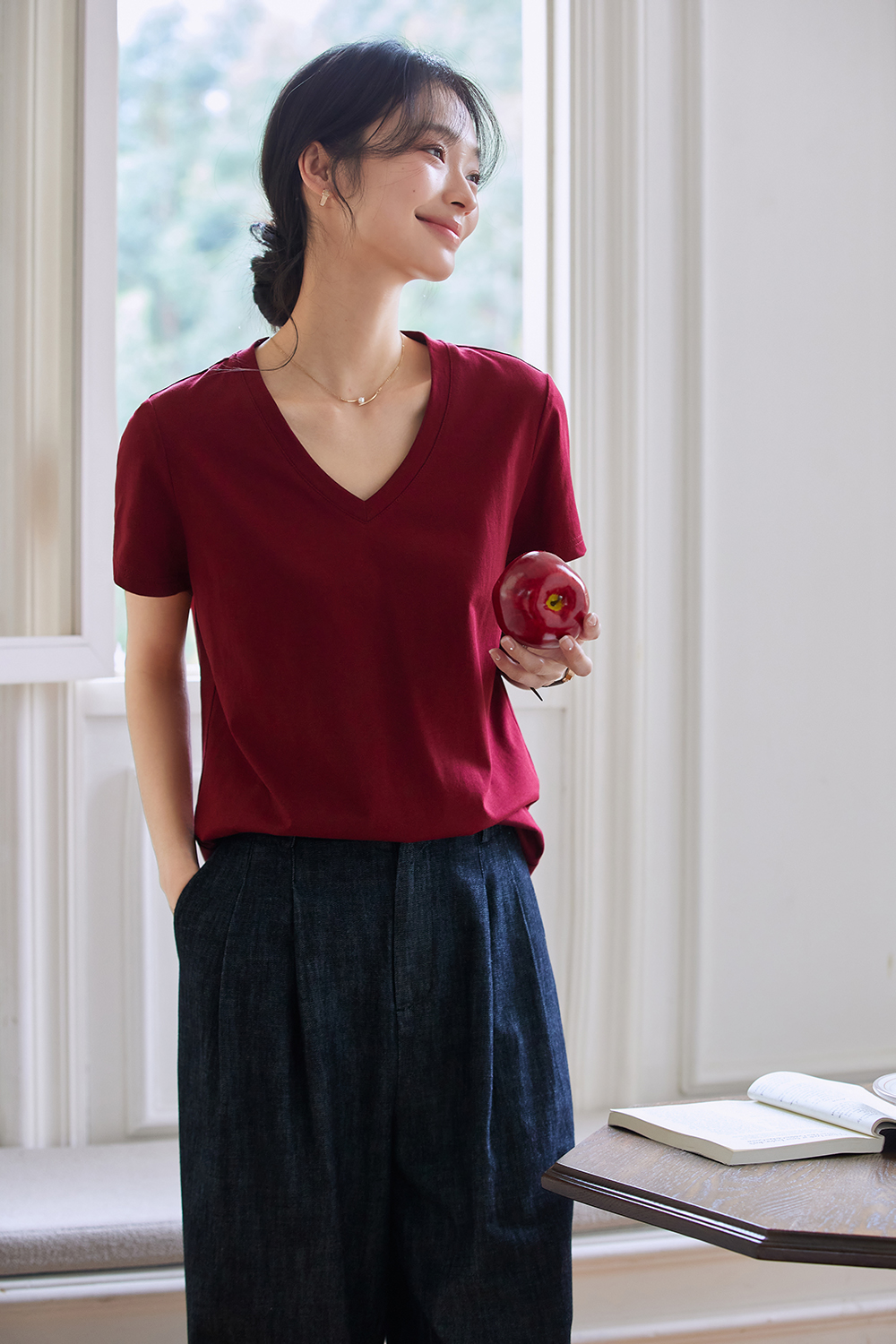 Dopamine Solid Color Casual Versatile V-Neck Loose Top-VIMLYSTORE