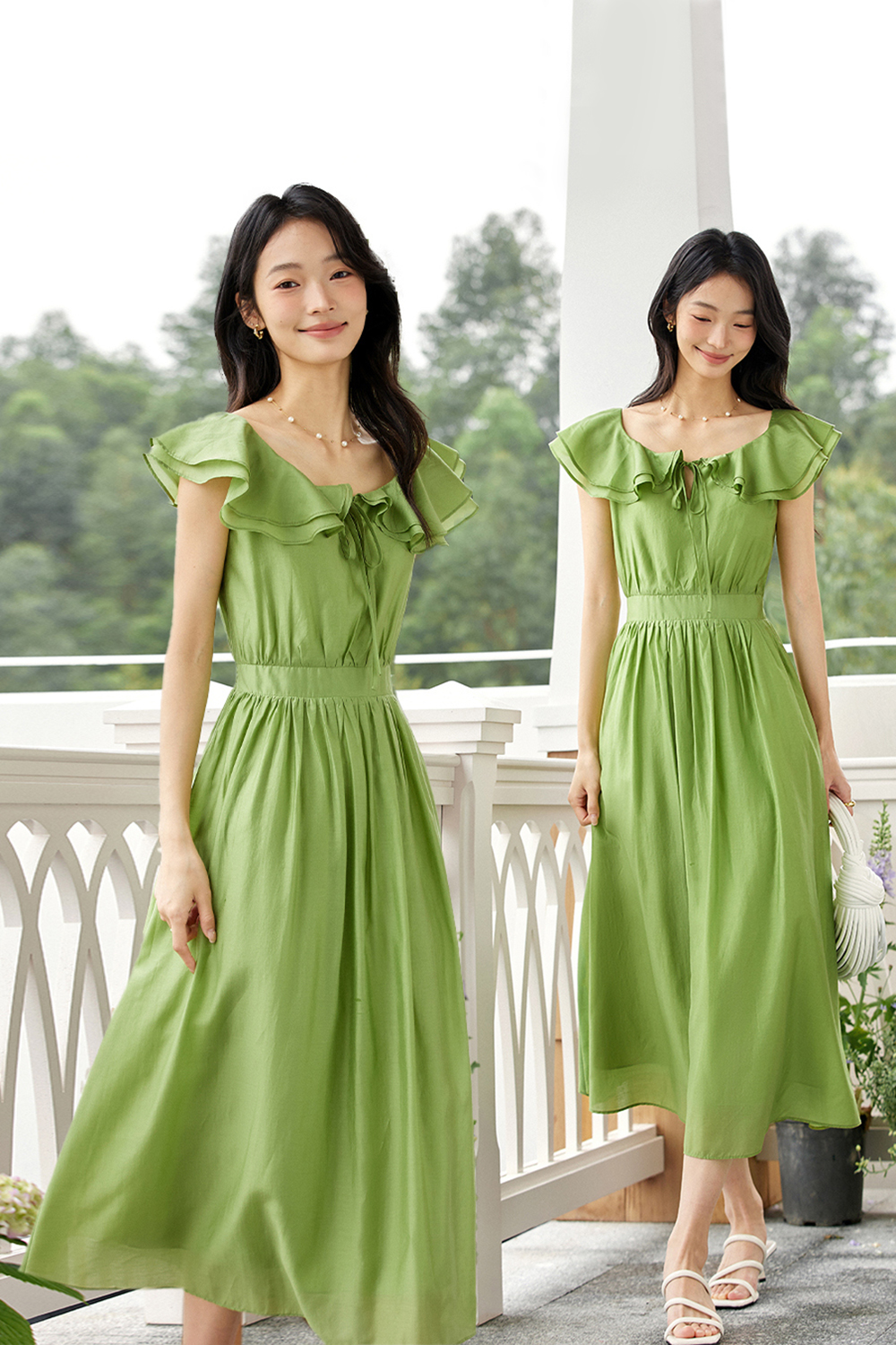 Sweet U-neck Ruffled Waist-defining Slim Dress-VIMLYSTORE