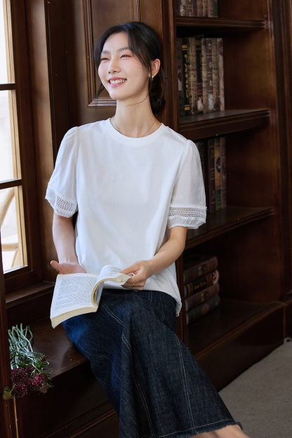 Lace Trim Lantern Sleeve Round Neck Short Sleeve T-Shirt-VIMLYSTORE