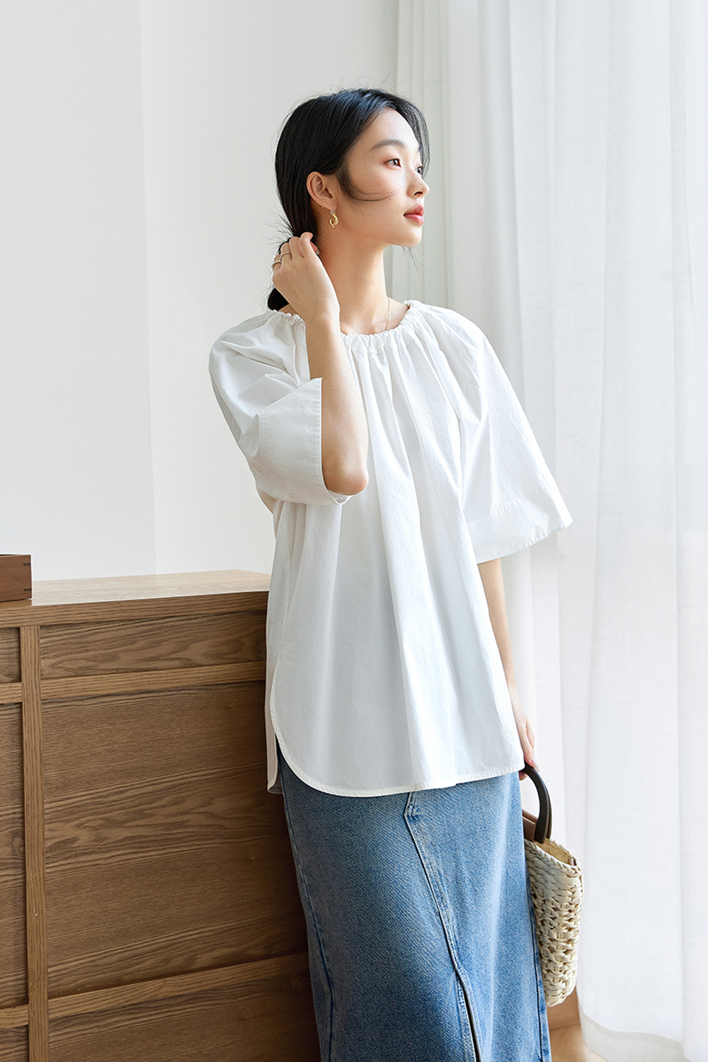 Loose Smocked Round Neck Raglan Sleeve Solid Shirt