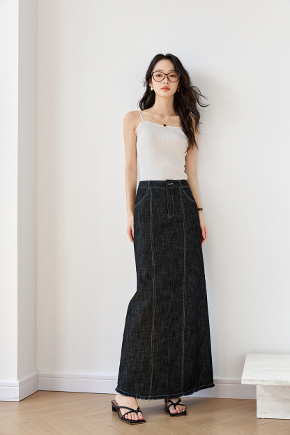 Black Grey Retro Denim High Waist Straight Pencil A-Line Midi Skirt