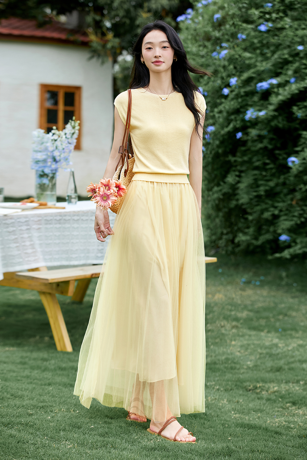 French-Inspired Lyocell Knit Top with Sheer Mesh Skirt Set-VIMLYSTORE