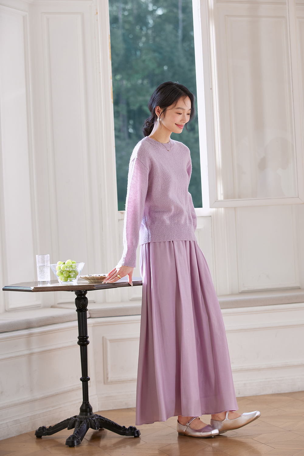 Lilac Round-Neck Top & Pencil Skirt Set for Polished Office Wear-VIMLYSTORE