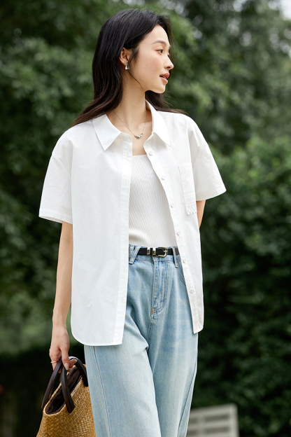 Minimalist White Lace-trimmed Cotton Shirt