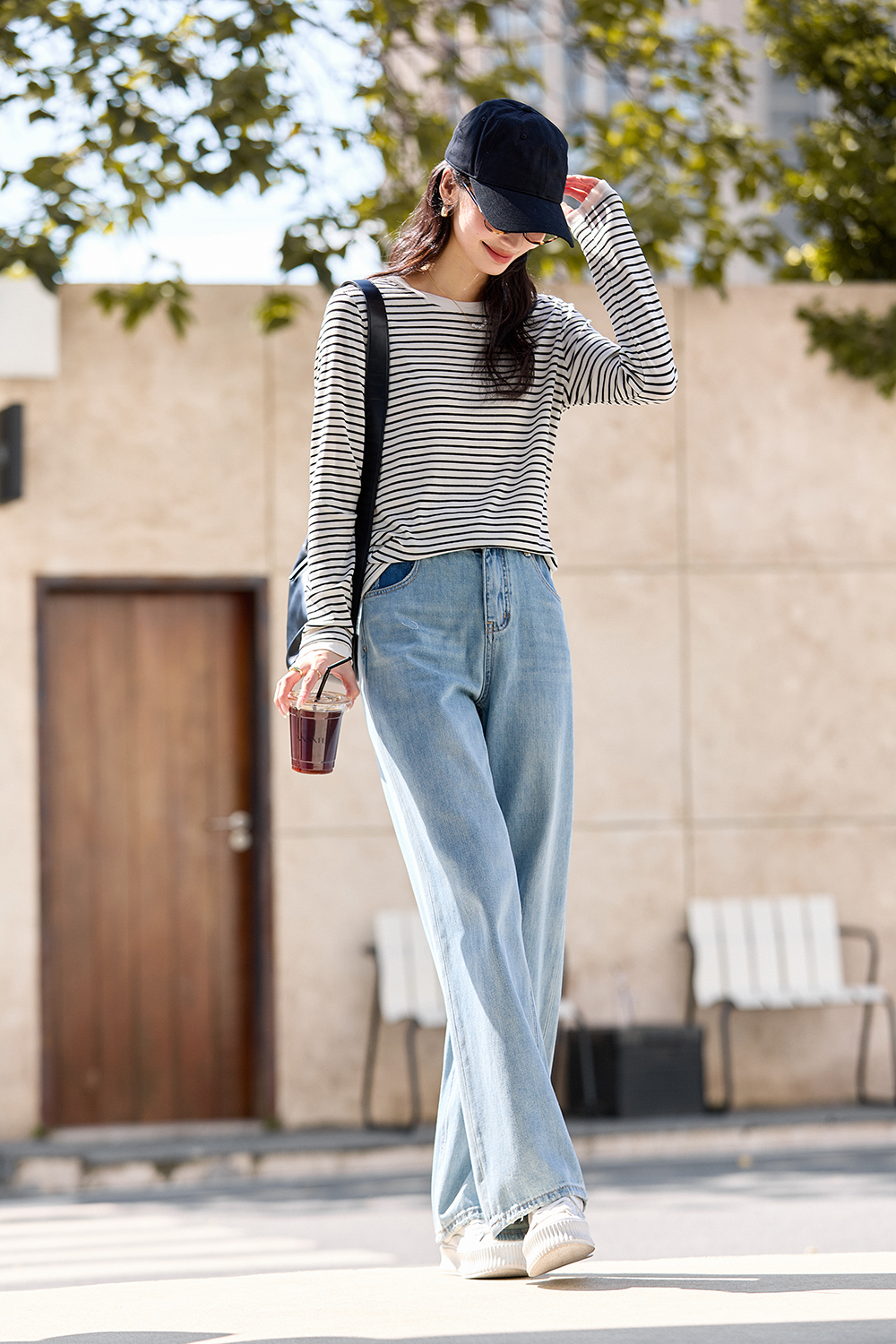 Black & White Striped Wool-Blend Relaxed Tee-VIMLYSTORE