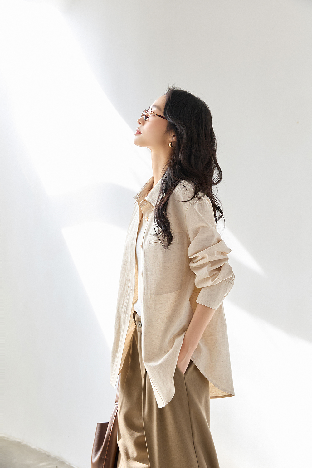 Oatmeal Oversized Shirt with Dual-Button Cuff Detail-VIMLYSTORE