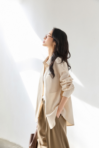 Oatmeal Oversized Shirt with Dual-Button Cuff Detail-VIMLYSTORE
