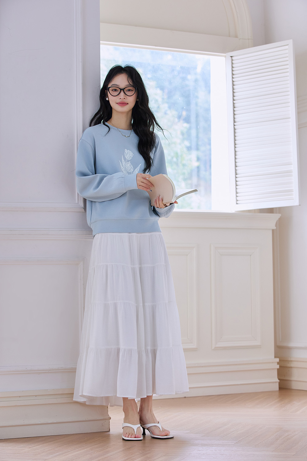 Sky Blue Tulip-Sleeve Oversized Pullover-VIMLYSTORE